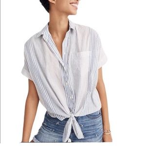 NWT Madewell tie front shirt rawley stripe short sleeve button top cotton xsmall